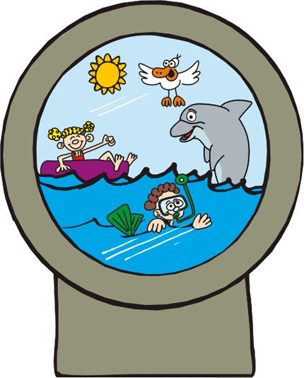 cartoon water scene with kids, dolphin, duck, sun